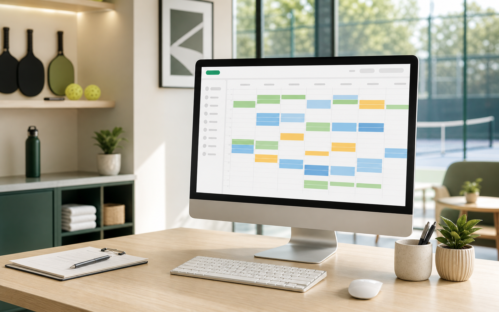 ePickleHub court operations dashboard in a bright modern club office